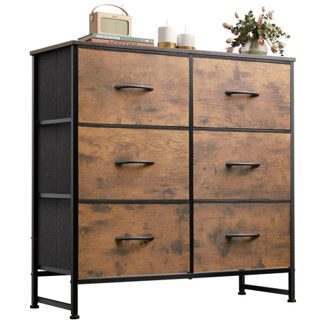 WLIVE 6 Drawer Dresser for Bedroom, Fabric Double Dresser, Storage Tower with Fabric Bins, Chest of Drawers for Closet, Living Room, Hallway, Rustic Brown Wood Grain Print WLIVE