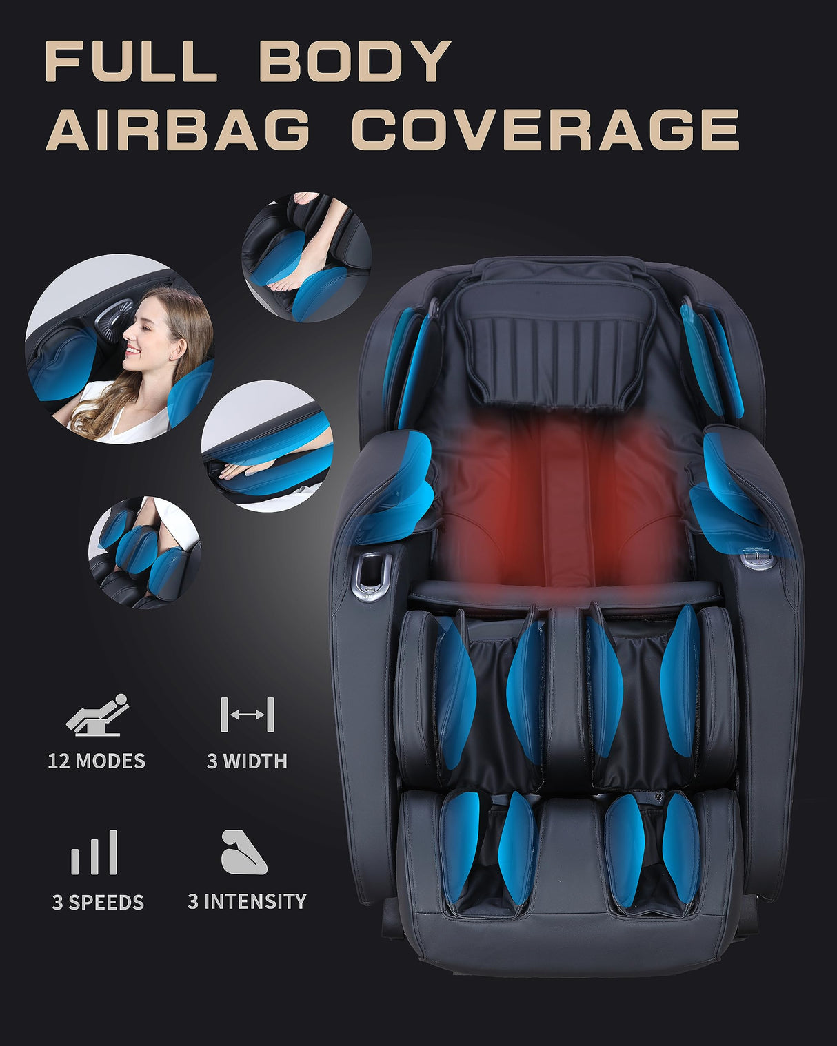 HealthRelife Massage Chair Full Body Recliner, with Heat Zero Gravity Air Pressure SL Track Intelligent Voice Control Airbags, Foot Roller Bluetooth Speaker Space-Saving Gift Mother's Day, Black HealthRelife
