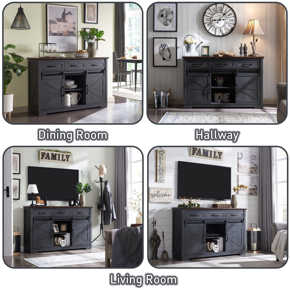 IFGET Farmhouse Buffet Cabinet, 53” Sideboard Cabinet w/3 Drawer, Rustic Storage Cabinets w/Sliding Barn Door, Coffee Bar for Dinning Room, Kitchen, Hallway, and Living Room-Dark Grey IFGET