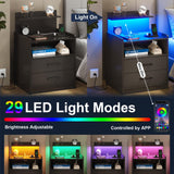 LED Nightstand with Charging Station, Night Stand with 2 Drawers and Open Storage, Bedside Table with LED Lights, Modern End Table with USB Ports Outlets, Black Diliplain