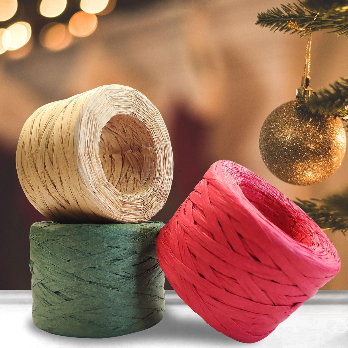 CREATRILL 3 Rolls Red Green Kraft 1/4" by 492 Feet Raffia Ribbon/String, 164 Feet Each Roll, Packing Paper Twine for Christmas CREATRILL