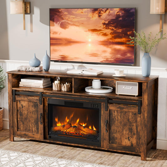 VINGLI Fireplace TV Stand with Sliding Barn Door for 70 Inch TV, Farmhouse Entertainment Center with 23" Fireplace, Rustic Media Console Table with Storage Cabinets for Living Room, Rustic Brown