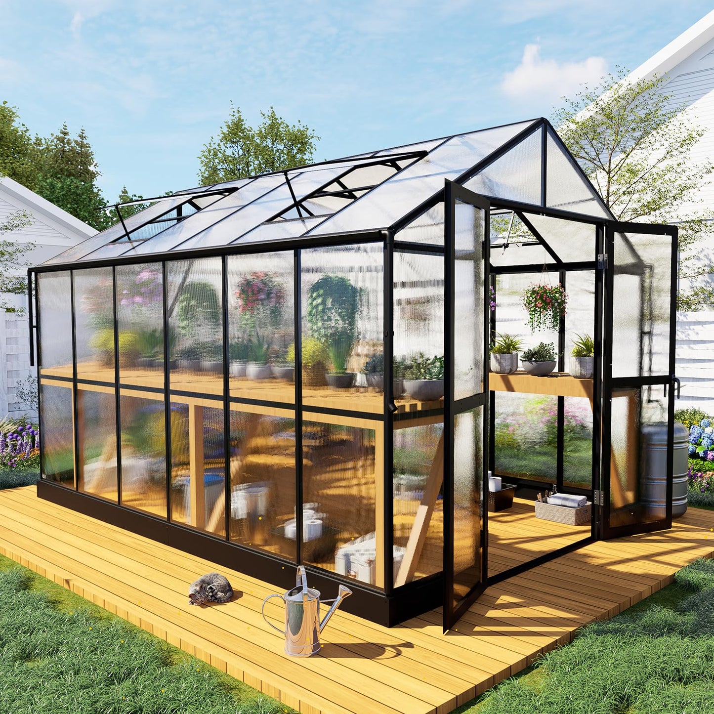 HOWE 8x12x7.5 FT Polycarbonate Greenhouse Double Swing Doors 4 Vents 5.2FT Added Wall Height, Walk-in Large Aluminum Greenhouse Sunroom Winter Greenhouse for Outdoors, Black - WoodArtSupply