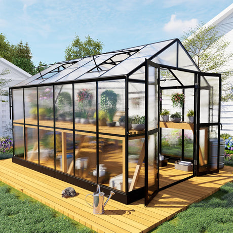 HOWE 8x12x7.5 FT Polycarbonate Greenhouse Double Swing Doors 4 Vents 5.2FT Added Wall Height, Walk-in Large Aluminum Greenhouse Sunroom Winter Greenhouse for Outdoors, Black HOWE