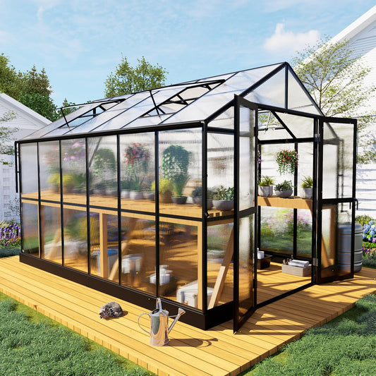 HOWE 8x12x7.5 FT Polycarbonate Greenhouse Double Swing Doors 4 Vents 5.2FT Added Wall Height, Walk-in Large Aluminum Greenhouse Sunroom Winter Greenhouse for Outdoors, Black