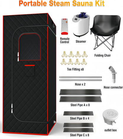 QIOMALA Portable Sauna Box, Steam Sauna Tent for Home, Four-Sided Full-Size Steam Sauna with 3 L Steamer, Chair, Remote Control, 2.6 X 2.6 X 5.9 Ft Large Space Sauna Room for Wellness & Relaxation