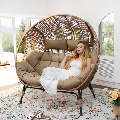 FINCATI Indoor Outdoor Double Egg Chair, 2 Person Oversized Wicker Rattan Stationary Lounge Chair with Legs, 680 lbs Loveseat Boho Egg Basket Chairs for Patio Garden Backyard Living Room Brown