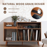 Record Player Stand with Charging Station & USB Ports, Mid-Century Turntable Stand Table Holds Up to 300 Albums, Vinyl Record Storage Cabinet with Wood Legs for Living Room Office (Black) Oubayajia