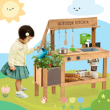 Aoparts Mud Kitchen for Kids Outdoor, Wood Outdoor Kitchen with Planter Box, Toddler Play Kitchen with Sink, Faucet, Blackboard, Water Cup and Kitchen Accessories for Kids Aoparts
