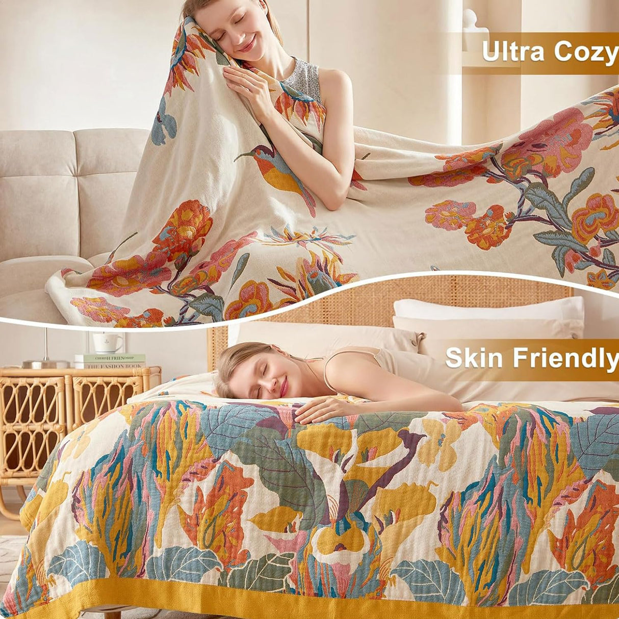 Wzvzss Boho Throw Blanket - 100% Cotton Soft Throw Blanket for Bed, 50"x60" Reversible Breathable Lightweight Fall Blankets, All Seasons Farmhouse Decor Floral Plant Butterfly Throw Quilt Wzvzss