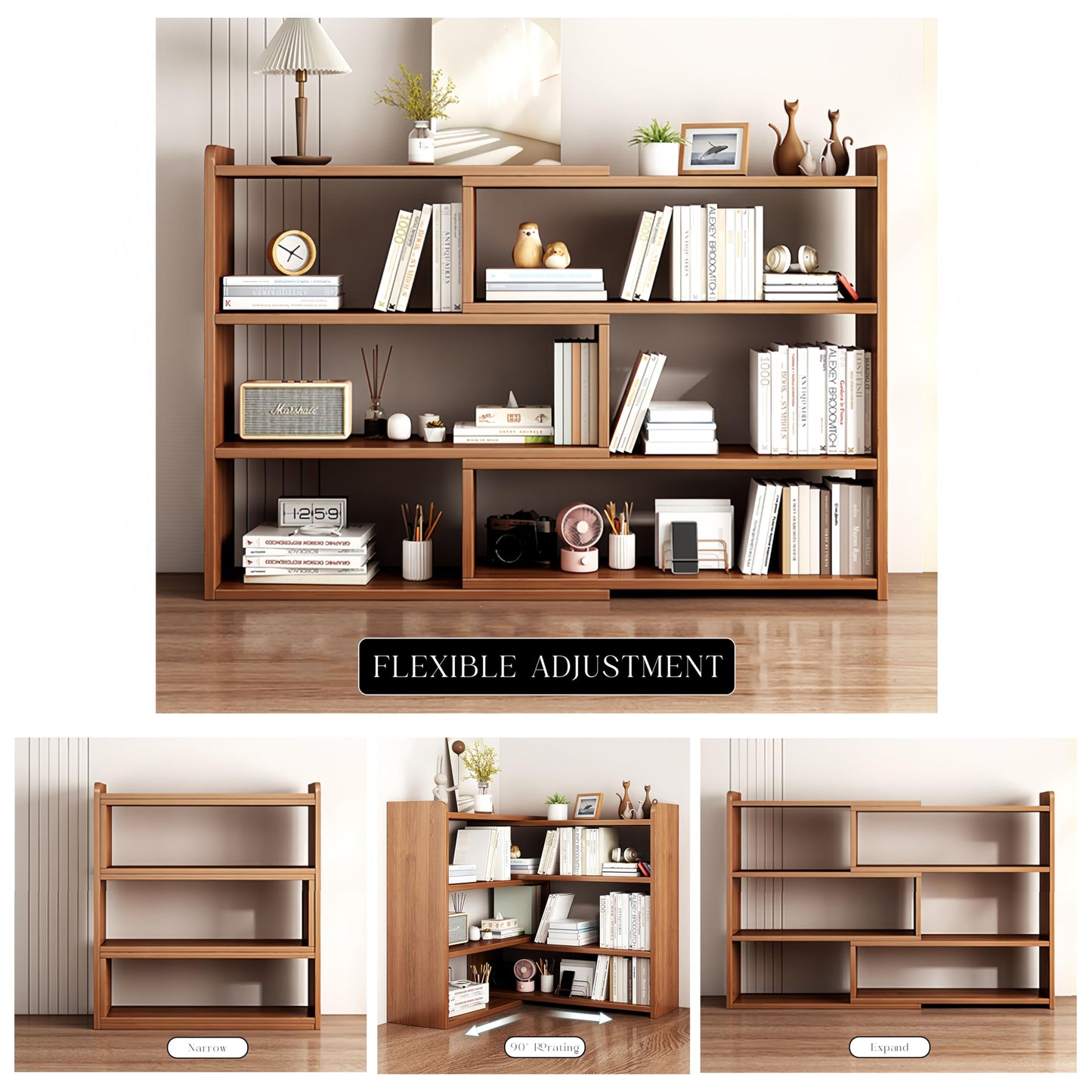 Cmishe Expandable 4-Tier Wooden Bookshelf for Small Spaces - Modern Natural Finish - WoodArtSupply