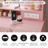 Lareth Makeup Vanity Desk with Lighted Mirror, 39.4 inch Small Vanity Table with Power Outlet, Bedroom Dressing Table, Adjustable Lights & 1 Cabinet 2 Drawers, Gifts for Teen Girls, Light Pink Lareth