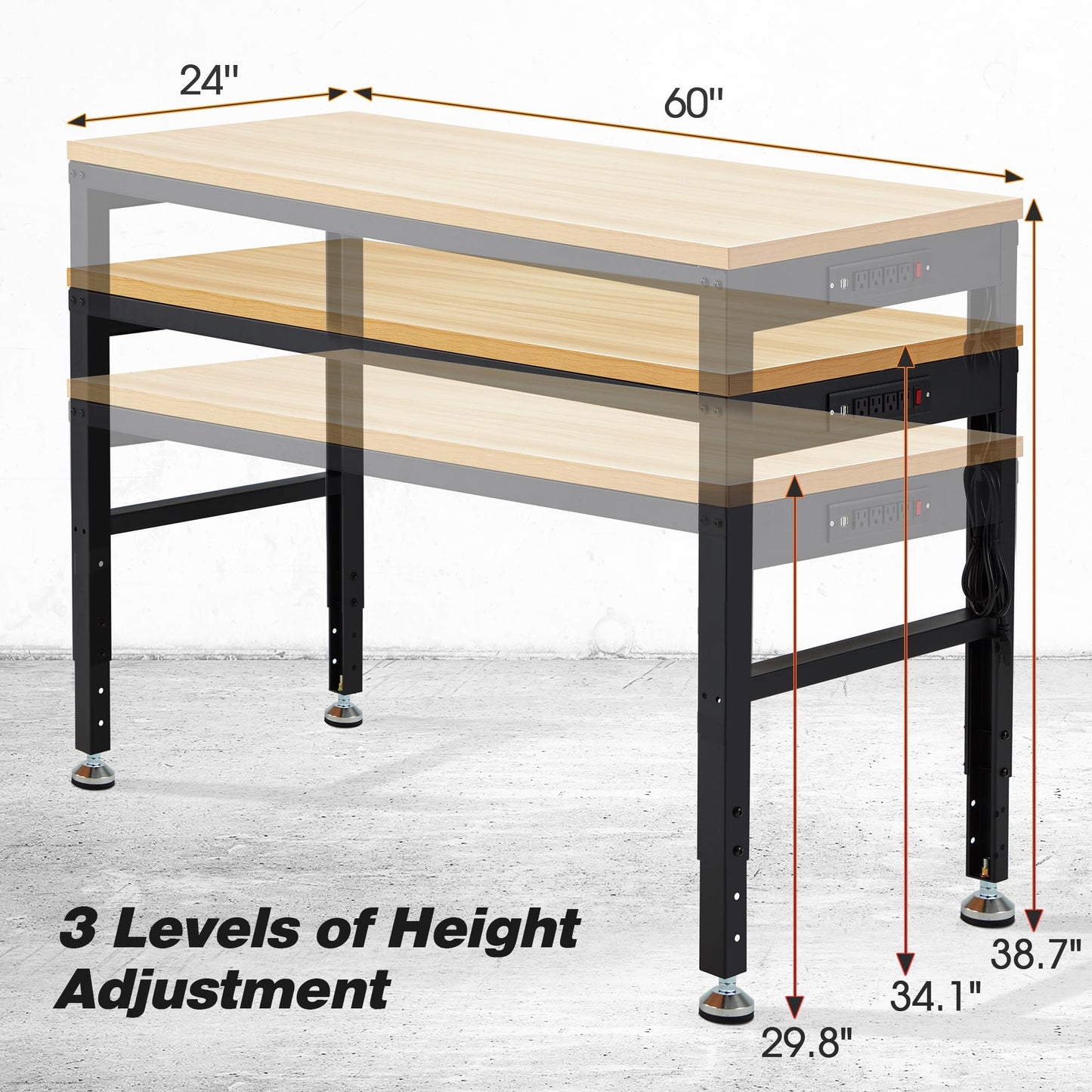 Adjustable Height Wood Workbench, 60" L X 24" W 2000 Lbs Capacity Heavy Duty Work Bench, Smooth Surface Work Table with Power Outlets for Garage, Workshop, Office, Home - WoodArtSupply