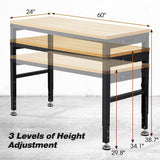 Adjustable Height Wood Workbench, 60" L X 24" W 2000 Lbs Capacity Heavy Duty Work Bench, Smooth Surface Work Table with Power Outlets for Garage, Workshop, Office, Home Antifir