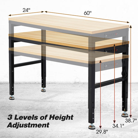 Adjustable Height Wood Workbench, 60" L X 24" W 2000 Lbs Capacity Heavy Duty Work Bench, Smooth Surface Work Table with Power Outlets for Garage, Workshop, Office, Home Antifir