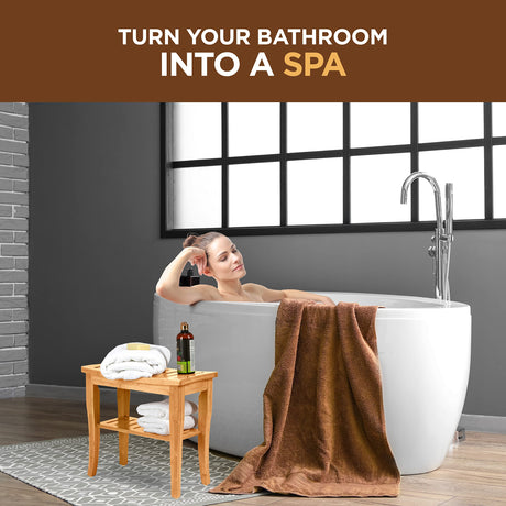 Bamboo Shower Bench - Small Shower Stool with Storage Shelf, Non-Slip Shower Seat, Bathroom Bench, Spa Decor Wooden Shower Bench, Foot Rest Shaving Stool for Shower, Suitable for Indoor/Outdoor Use Bambüsi