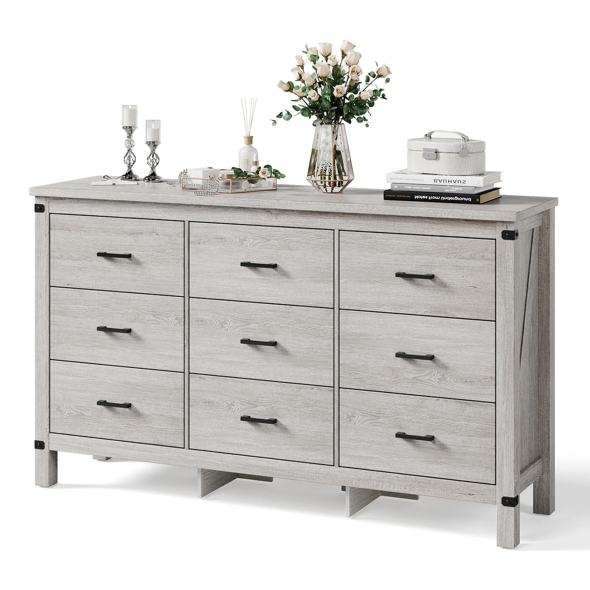 LINSY HOME Dresser for Bedroom with 9 Drawers, 59” Wide Chest with Deep Drawer, Modern Farmhouse Dresser TV Stand with Metal Handles, Wood Storage Cabinet for Closet, Living Room, Hallway, Wash Grey LINSY HOME