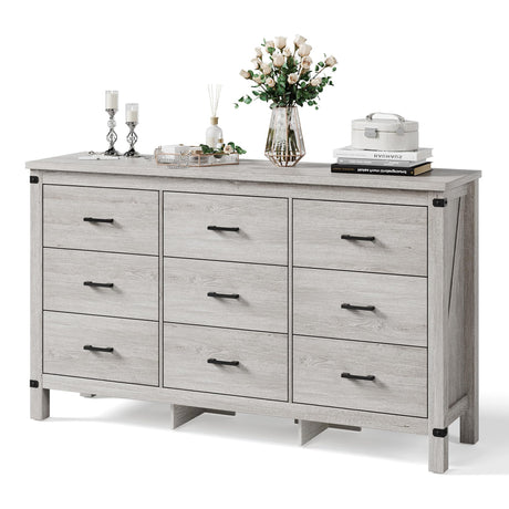 LINSY HOME Dresser for Bedroom with 9 Drawers, 59” Wide Chest with Deep Drawer, Modern Farmhouse Dresser TV Stand with Metal Handles, Wood Storage Cabinet for Closet, Living Room, Hallway, Wash Grey LINSY HOME