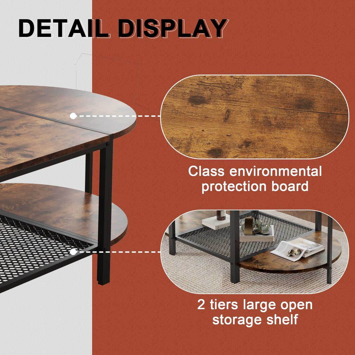 SENIG Oval Coffee Table with Rustic Wood Finish, 2-Tier Storage Shelf and Metal Frame, Living Room Center Table Modern, Vintage Brown SENIG