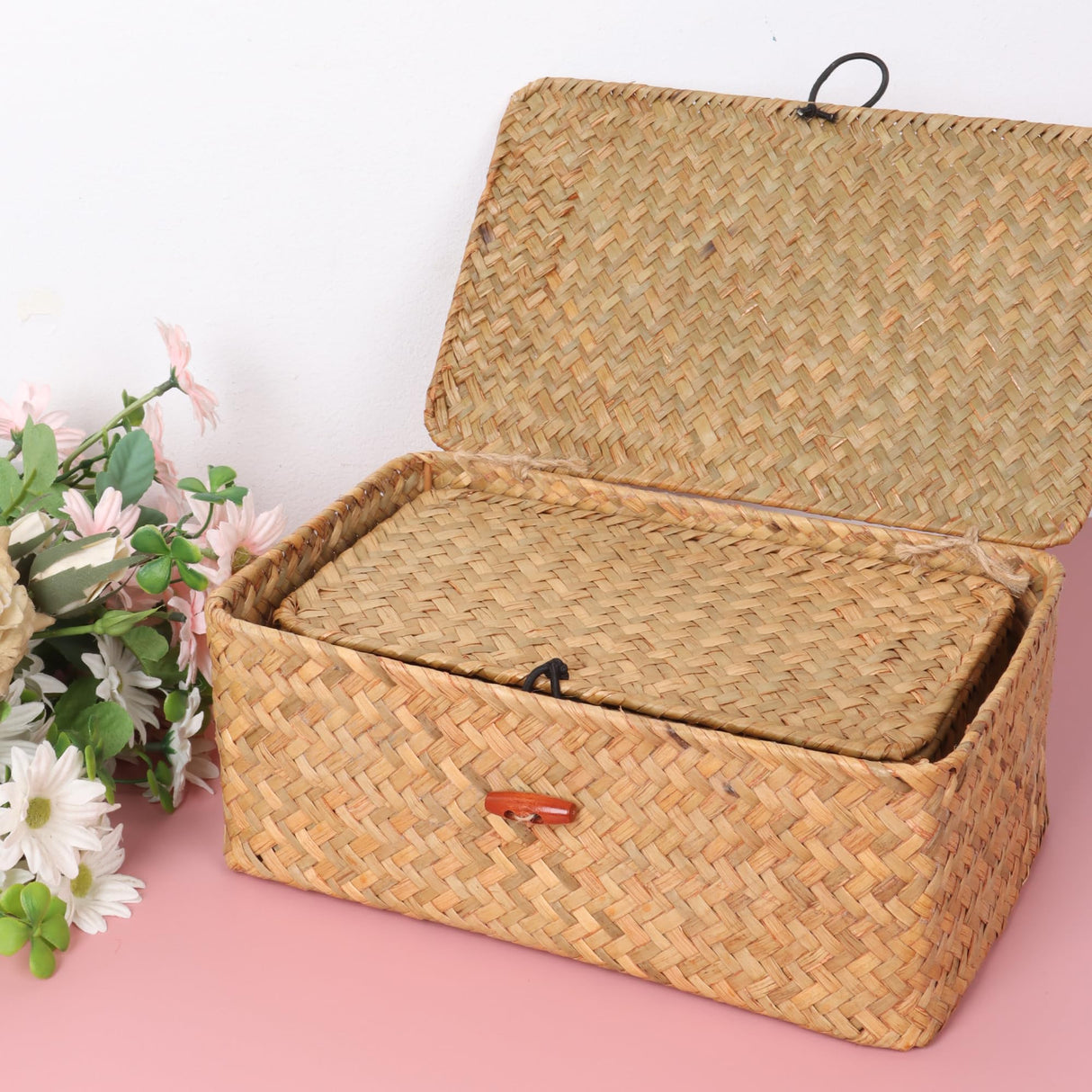 Moosky Wicker Shelf Baskets with Lid,Handwoven Seagrass Basket for Storage Basket Bins Rectangular Home Organizer Gift Boxes (Natural Set of 2) Moosky
