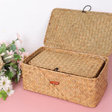 Moosky Wicker Shelf Baskets with Lid,Handwoven Seagrass Basket for Storage Basket Bins Rectangular Home Organizer Gift Boxes (Natural Set of 2) Moosky