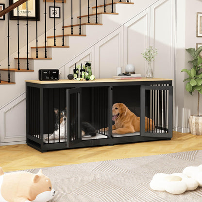 DAWNSPACES Double Dog Crates Furniture for Large Dogs, 71" Heavy Duty Wooden Kennel with Tray & Removable Divider for 2 Dogs, Indoor Furniture Style Dog Crate House TV Stand, Black - WoodArtSupply