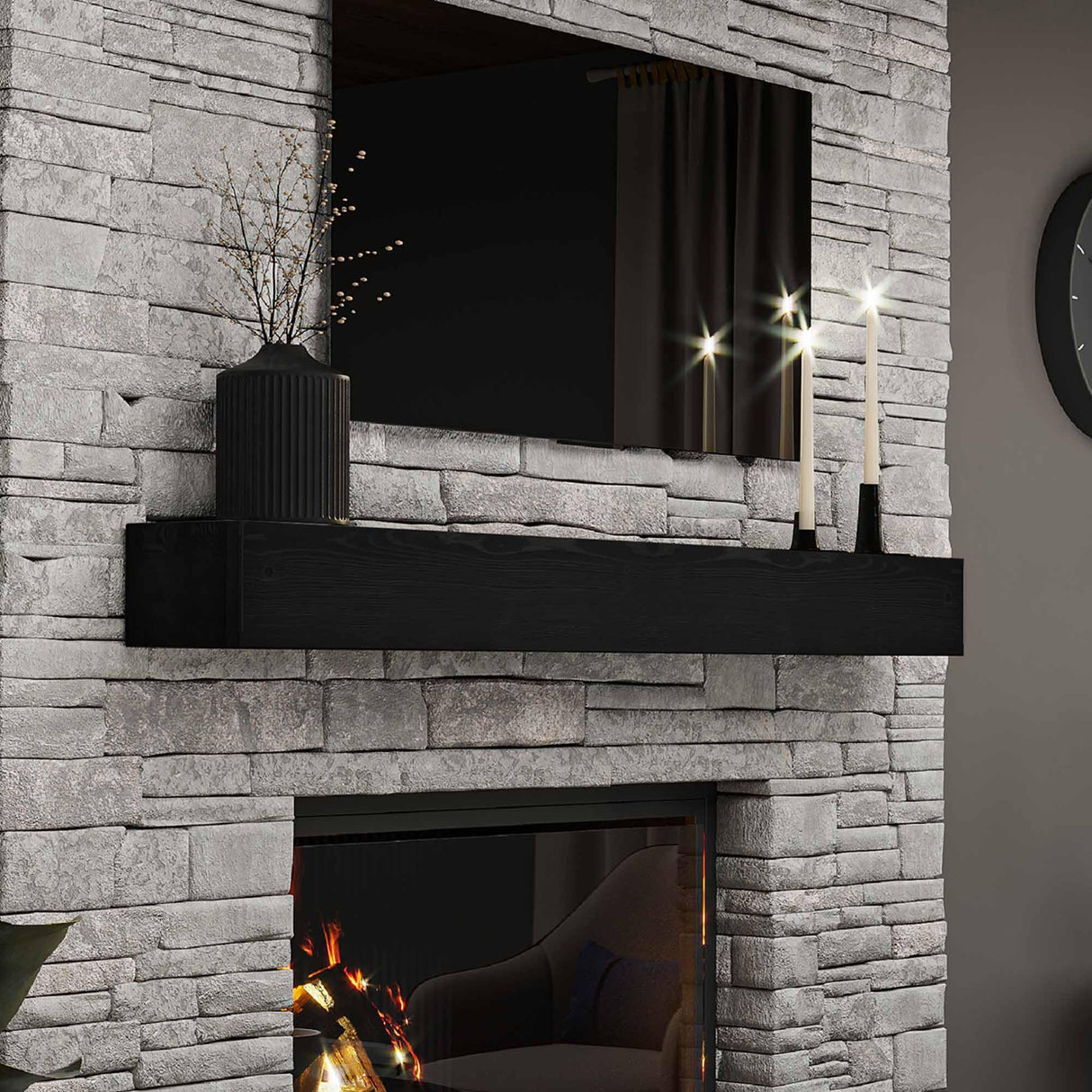BoscoMondo Fireplace Mantel, Handcrafted Rustic from Solid Pine, Wall-Mounted Floating Farmhouse Shelf - 8x6x60 Deep Black BoscoMondo