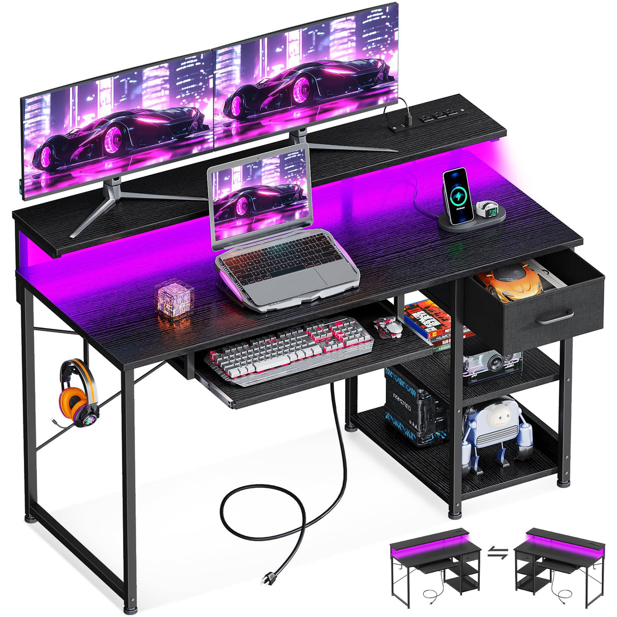 AODK Gaming Desk with LED Lights & Power Outlet, 48 Inch Computer Desk with Keyboard Tray, Office Desk with Drawer, Reversible Desk with Adjustable Monitor Shelf and Storage Shelf, Black AODK