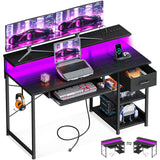 AODK Gaming Desk with LED Lights & Power Outlet, 48 Inch Computer Desk with Keyboard Tray, Office Desk with Drawer, Reversible Desk with Adjustable Monitor Shelf and Storage Shelf, Black AODK