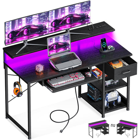 AODK Gaming Desk with LED Lights & Power Outlet, 48 Inch Computer Desk with Keyboard Tray, Office Desk with Drawer, Reversible Desk with Adjustable Monitor Shelf and Storage Shelf, Black AODK