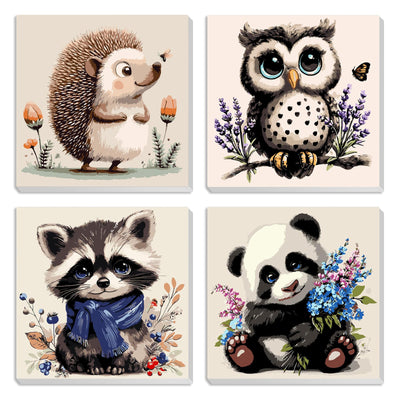 MXJSUA 4 Pack Cute Panda Owl Animals Paint by Numbers Kit with Framed Canvas for Ages 6-12 Kids, Paint by Numbers Kits for Children Beginners, Acrylic Oil Painting for Home Wall Decor Gift (8x8 inch)