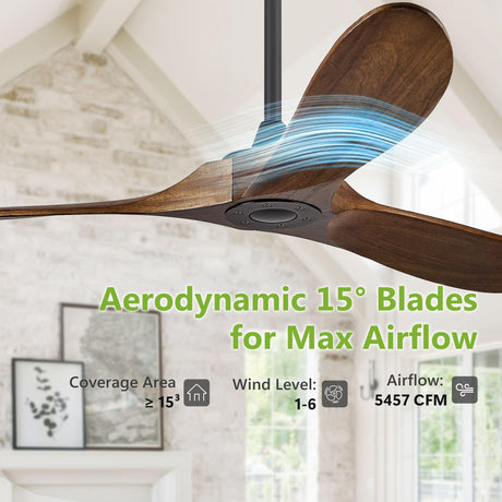 52 Inch Ceiling Fans Without Lights, Wood Ceiling Fan no Light with Remote Control and DC Motor, Indoor Outdoor Ceiling Fan for Patios Bedroom Living Room Propeller Ceiling Fans 3 Blade, Dark Walnut Haipeel