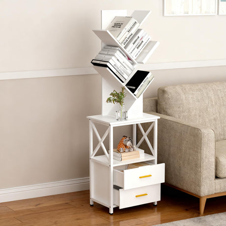 Lightdot Bookshelf with Double Drawer, 5 Shelf Tree Bookshelf, Wooden Bookshelves Storage Rack for CDs/Movies/Books, White Bookcase, Utility Organizer Shelves for Living Room, Bedroom Lightdot
