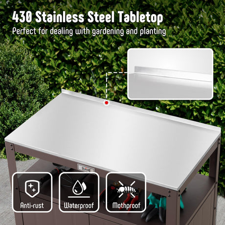 Feasto Garden Potting Bench with Storage Cabinet,Outdoor Gardening Table & Work Bench for Plants, Horticulture,Outdoor Workstation with Stainless Steel Tabletop,Outdoor Work Table Feasto