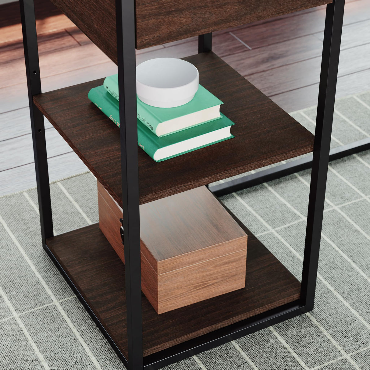 Sauder International Lux Modern L-Shaped Desk, L: 65.98" x W: 60.0" x H: 29.72", Umber Wood finish Sauder