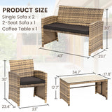 KROFEM 4 Pieces Rattan Patio Furniture Set,Outside Sectional Conversation Cushioned Sofa Set, Wicker Sofa Ideal for Garden, Porch, Backyard, Natural Rattan with Black Cushion KROFEM