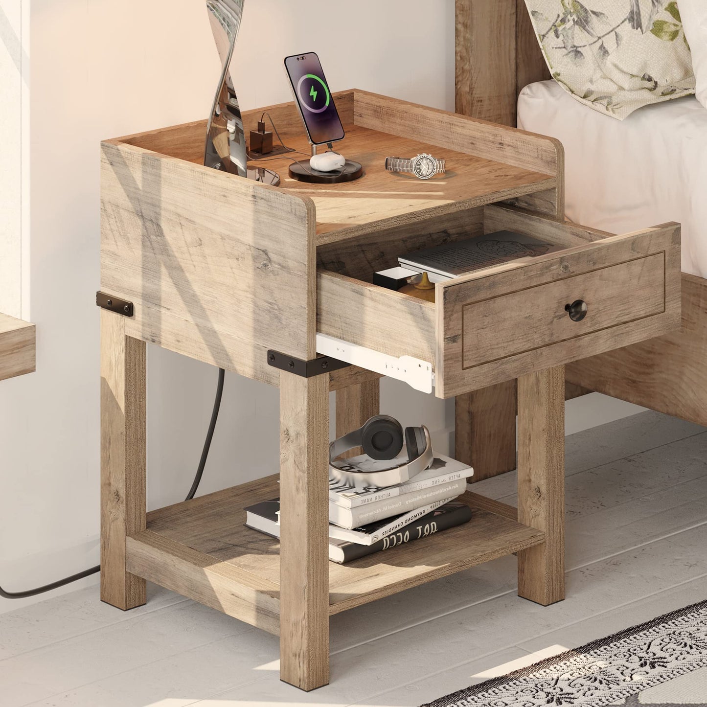 YITAHOME Farmhouse End Table with Charging Station, End Side Table with Drawer for Small Space, Bedside Table with USB Ports and Outlets, for Living room, Set of 2 - WoodArtSupply