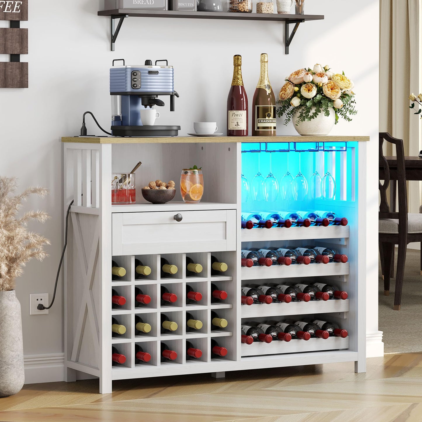 DWVO 47" LED-Illuminated Wine Bar Cabinet with Power Outlets - Modern Storage & Drawer in Washed White - WoodArtSupply