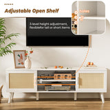 SUPERJARE 65 Inch TV Stand, Entertainment Center with Adjustable Shelf, Rattan TV Console with 2 Cabinets, Media Console, Solid Wood Feet, 4 Cord Holes, for Living Room, White SUPERJARE