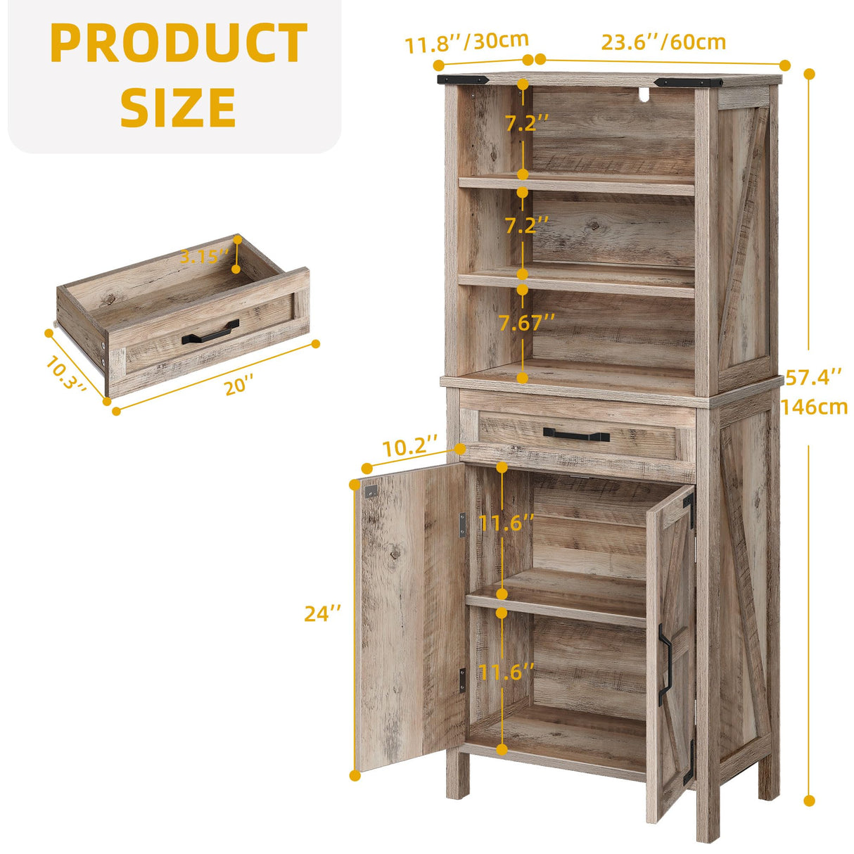 DWVO Farmhouse Storage Cabinet, Small Bathroom Storage Cabinet with Doors and Shelves, 58" Tall Multi-Functional Accent Cabinet for Dining Room, 58" H x23.6 W, Washed Grey DWVO