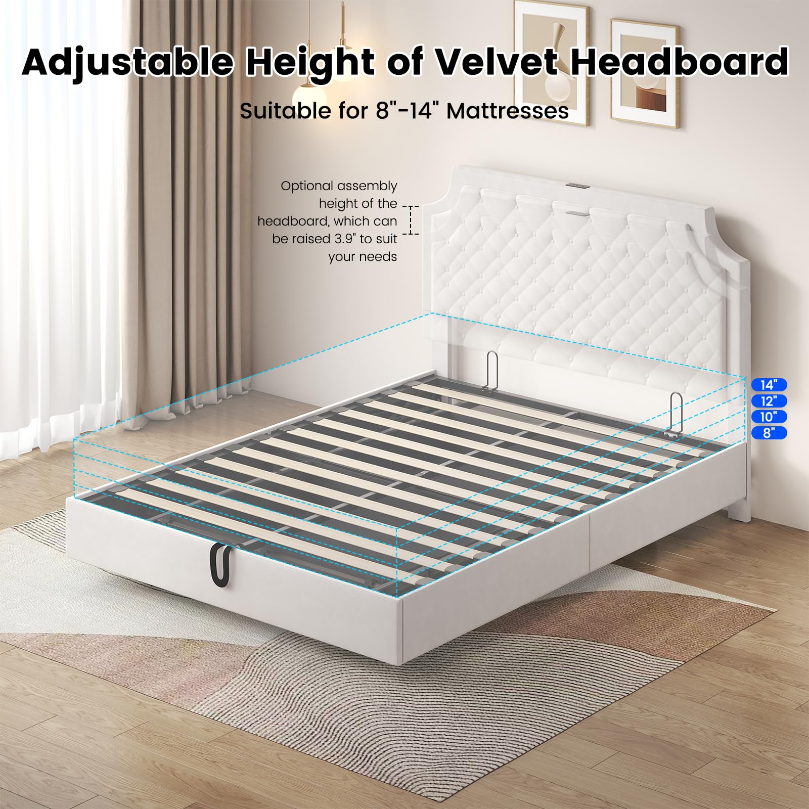 Elegant White Floating Full Size Bed Frame with Adjustable Headboard and Fast Charging Station - WoodArtSupply