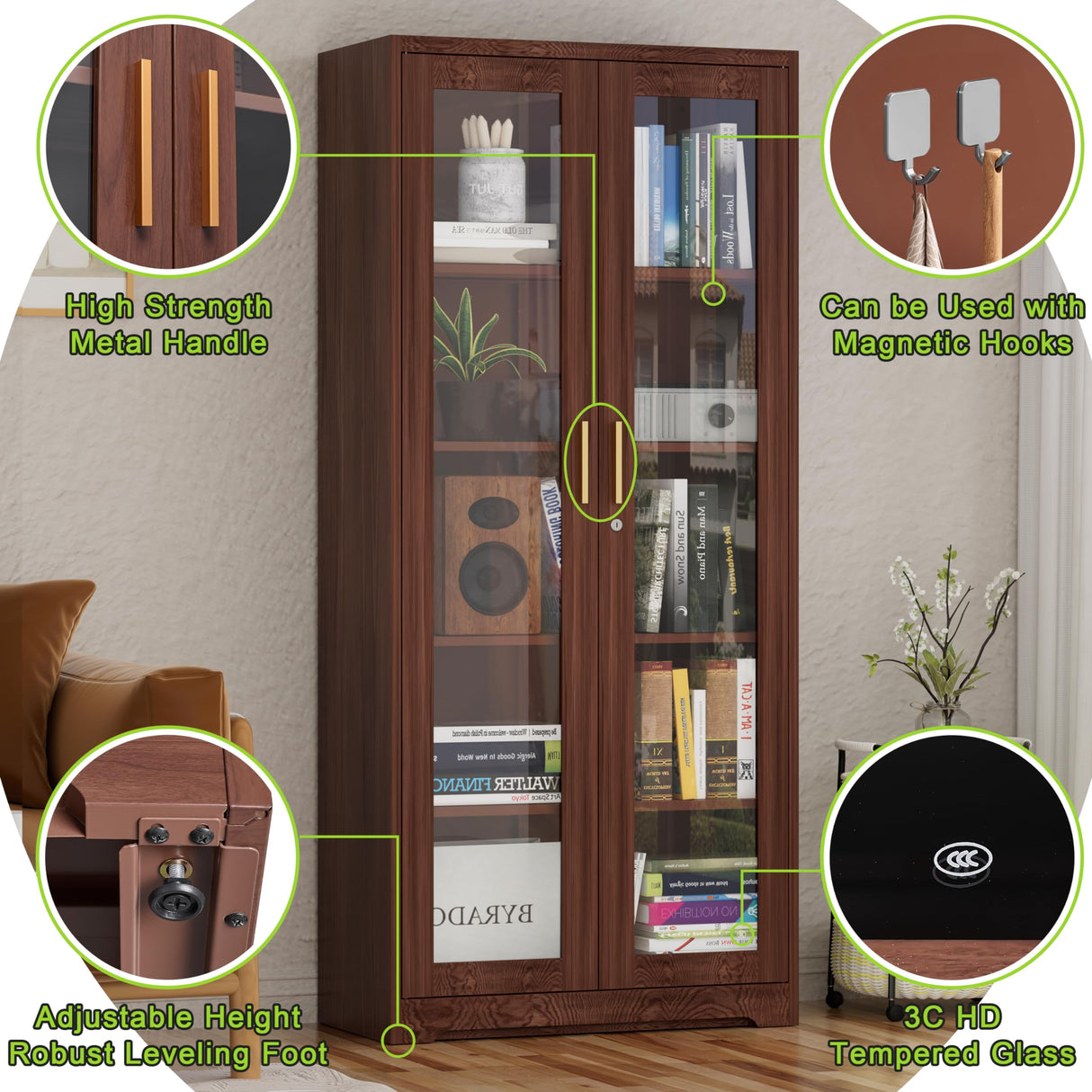 UNICOLY Storage Cabinet with Doors and Shelves, Display Cabinet with Glass Doors, Pantry Cabinet, Curio Cabinet with Locking Doors, Metal Storage Cabinet for Kitchen,Living Room 71” H Brown UNICOLY