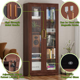 UNICOLY Storage Cabinet with Doors and Shelves, Display Cabinet with Glass Doors, Pantry Cabinet, Curio Cabinet with Locking Doors, Metal Storage Cabinet for Kitchen,Living Room 71” H Brown UNICOLY