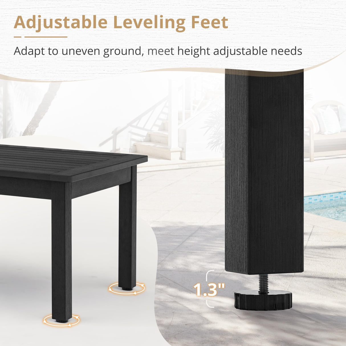 LUE BONA Outdoor Coffee Table, HDPS Black Patio Coffee Tables for Outside Rectangle, Adjustable Levelling Feet/Weather Resistant, Patio Table for Deck, Pool, Balcony, Indoor or Outdoor Use LUE BONA