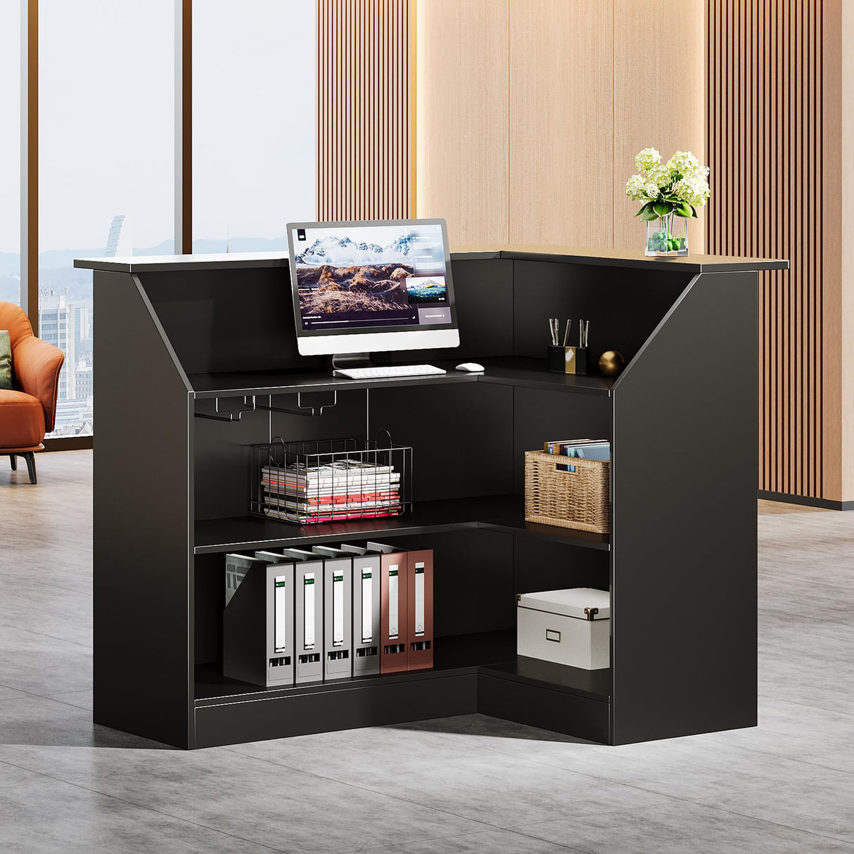 Tribesigns Reception Desk with Storage Shelves, L-Shaped Modern Front Desk, Reception Counter Table for Small Office, Salon, Checkout Office, Black Tribesigns