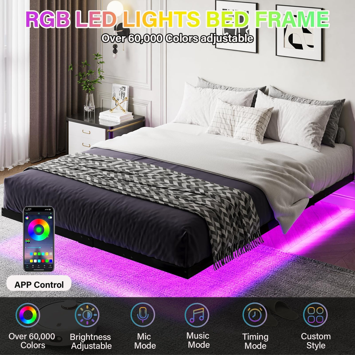 HOMBCK LED Floating Bed Frame - Full Size Metal Platform with Under Bed Storage and Heavy Duty Support HOMBCK