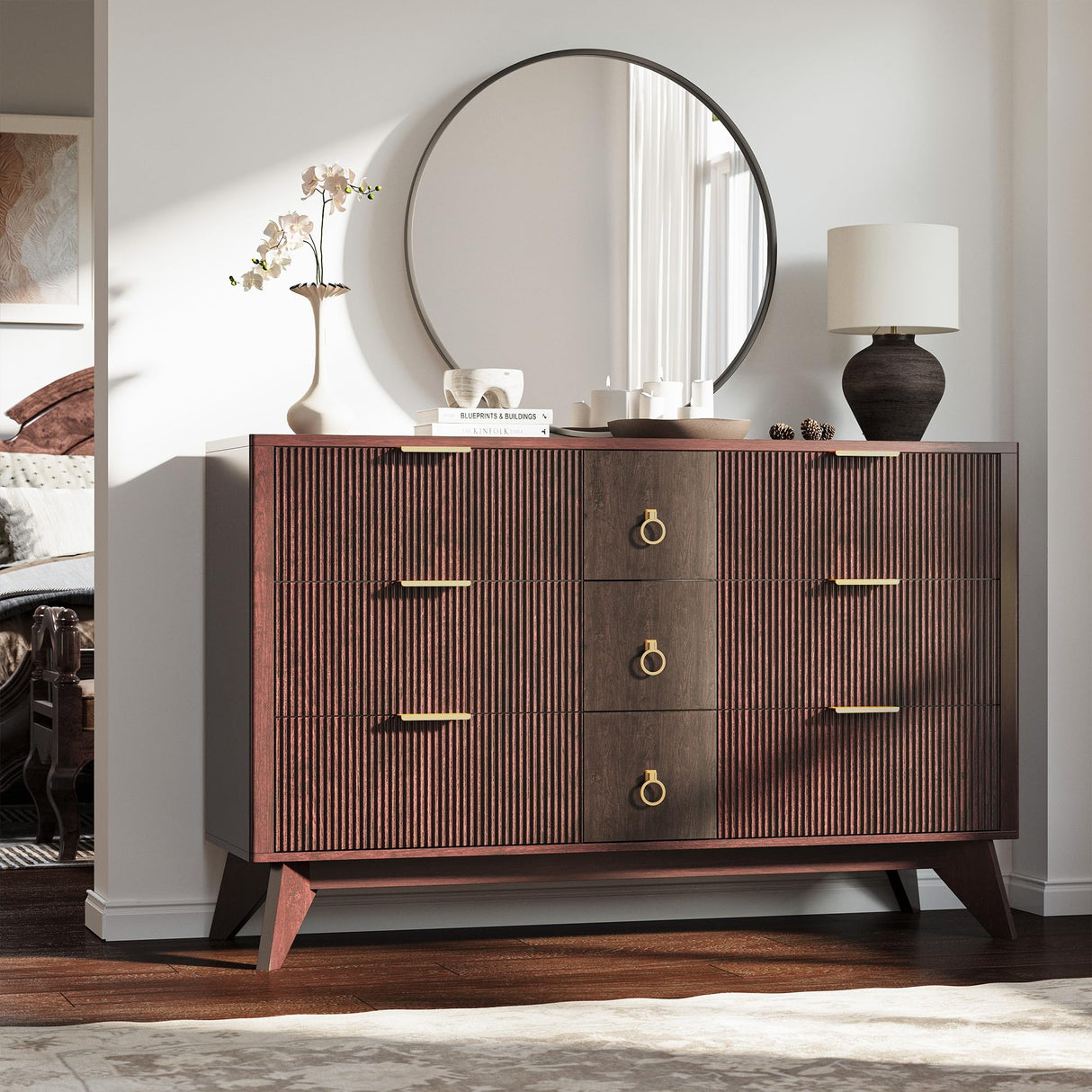 LIKIMIO Dresser for Bedroom 9 Drawers with LED Light, 55" Wide Fluted Chest of Drawers, Wood Closet Organizer, Curved Profile Design, TV Stand for Living Room, Hallway, Walnut with Brown LIKIMIO