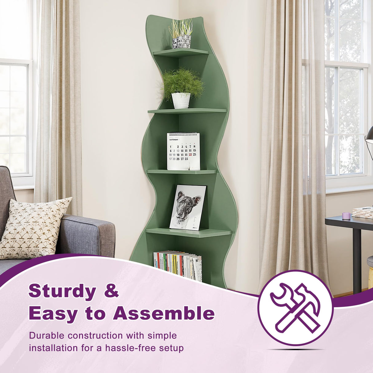 HIGREENA Corner Shelf, 5-Tier Corner Wall Shelf, Modern Corner Shelves Stand Bookcase, Small Display Storage for Living Room, Green HIGREENA