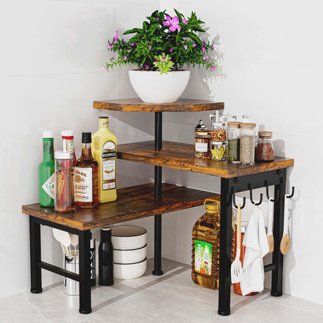 Uniqcovosa Kitchen Countertop Organizer, 3 Tier Moveable Corner Shelf Kitchen Shelf with Hook, Countertop Organizer for Bathroom, Spice Rack, Bookshelf, Coffee Area, Dresser Table (Brown) Uniqcovosa