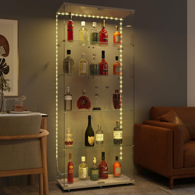 Goujxcy LED Glass Display Cabinet, 5-Tier Curio Cabinet with Lights Strip for Collectibles Living Room Bedroom
